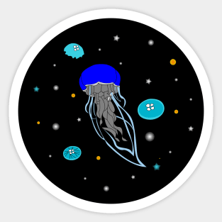 Blue Jelly Fish in dark ocean artwork, lights of jelly fish Sticker